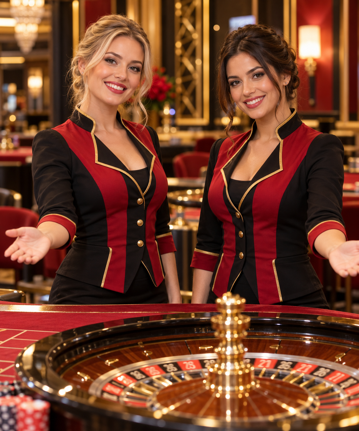 Two adult casino hosts welcoming guests at a roulette table